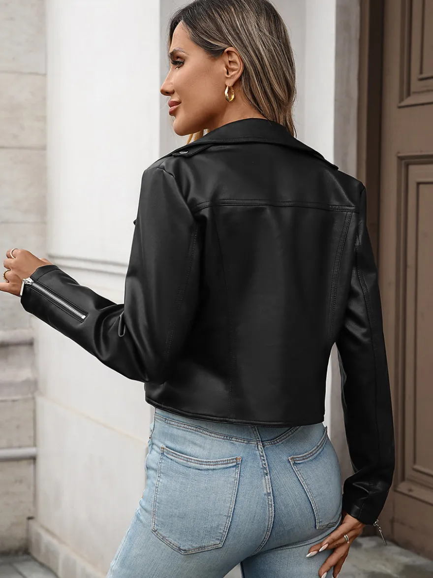 Veste courte de motard en similicuir noir pour femme fermeture éclair et revers