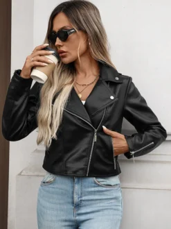 Veste courte de motard en similicuir noir pour femme fermeture éclair et revers