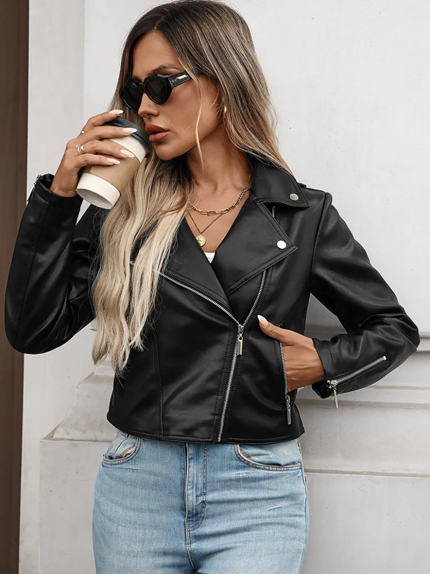 Veste courte de motard en similicuir noir pour femme fermeture éclair et revers
