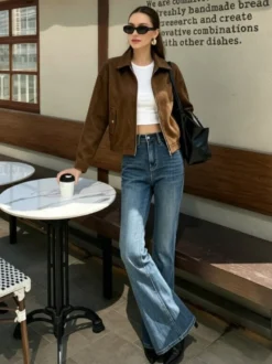 Veste courte en daim à col zippé pour femme style vintage coupe ample manteau d'extérieur court