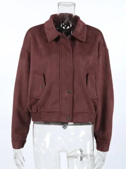 Veste courte en daim à épaules tombantes pour femme - Col montant fermeture éclair coupe ajustée - Tenues décontractées minimalistes pour le printemps 2026