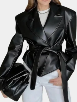 Veste courte en similicuir à revers et ceinture style motard avec ceinture à nouer à la taille