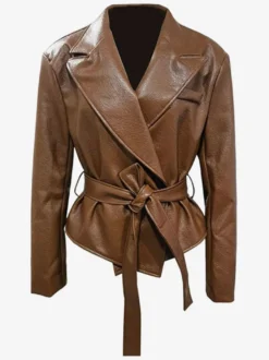 Veste courte en similicuir à revers et ceinture style motard avec ceinture à nouer à la taille