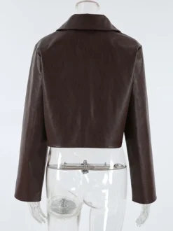 Veste courte femme en similicuir marron - Haut rétro à revers et boutons coupe carrée - Tenues décontractées printemps 2026