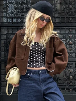 Veste courte oversize en faux daim à revers zippé et poches plaquées pour femme