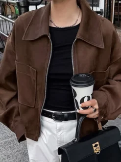 Veste courte oversize en faux daim à revers zippé et poches plaquées pour femme