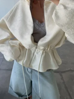 Veste courte à texture jacquard pour femme fermeture éclair manches lanternes ourlet à cordon coupe oversize