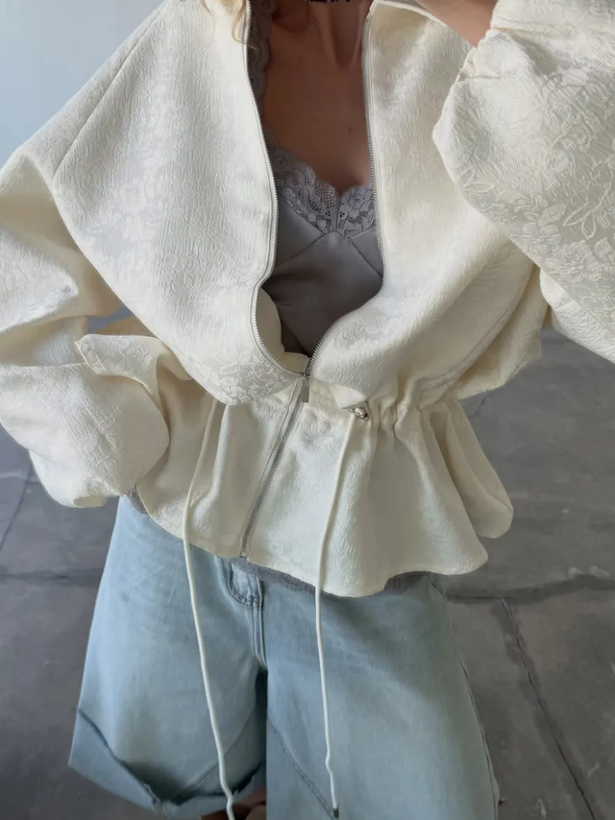 Veste courte à texture jacquard pour femme fermeture éclair manches lanternes ourlet à cordon coupe oversize