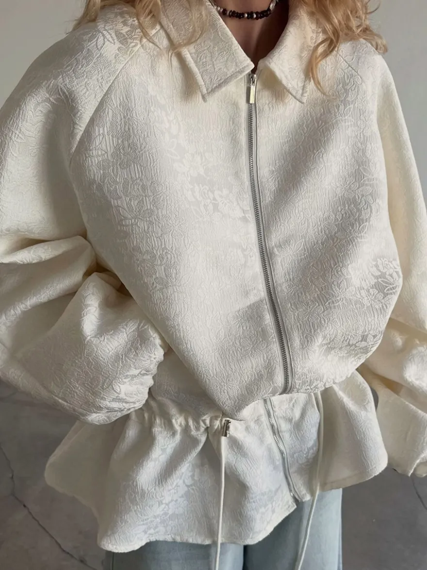 Veste courte à texture jacquard pour femme fermeture éclair manches lanternes ourlet à cordon coupe oversize