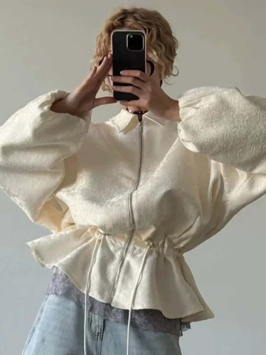 Veste courte à texture jacquard pour femme fermeture éclair manches lanternes ourlet à cordon coupe oversize