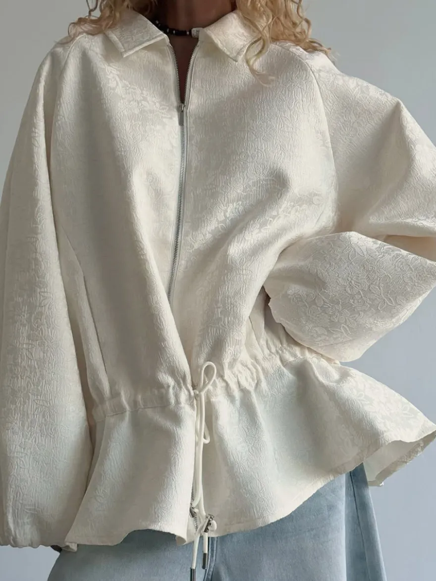 Veste courte à texture jacquard pour femme fermeture éclair manches lanternes ourlet à cordon coupe oversize