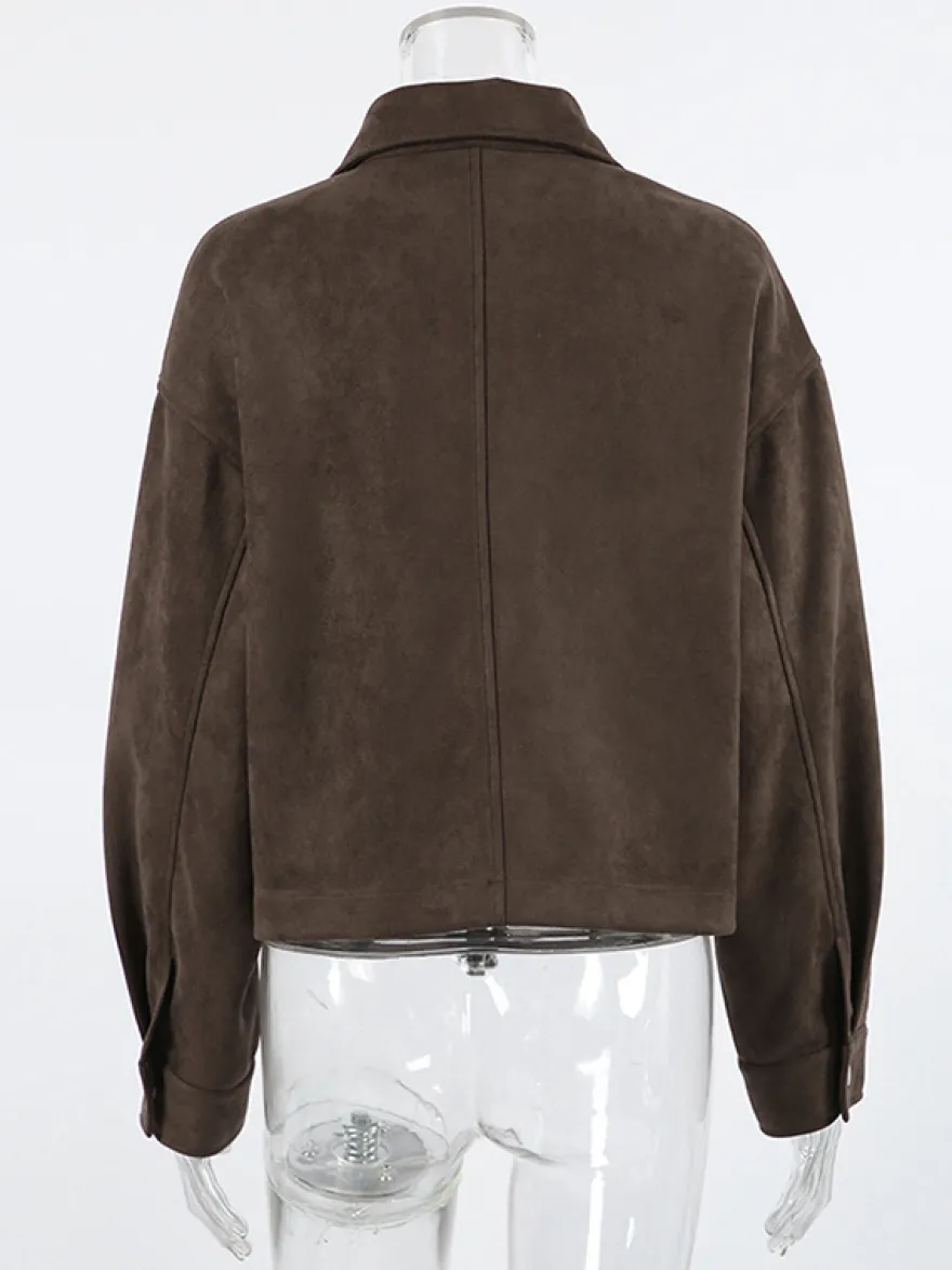 Veste courte zippée en daim marron avec poches pour femme (2026)