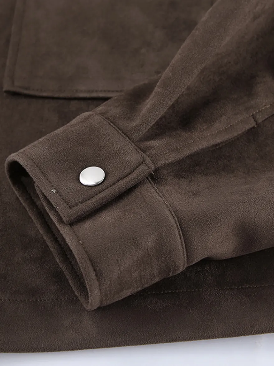 Veste courte zippée en daim marron avec poches pour femme (2026)