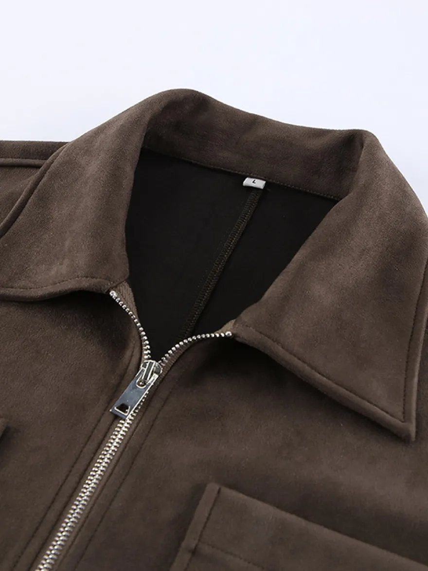 Veste courte zippée en daim marron avec poches pour femme (2026)