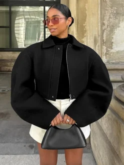 Veste courte zippée en laine mélangée à col à revers et manches chauve-souris pour femme