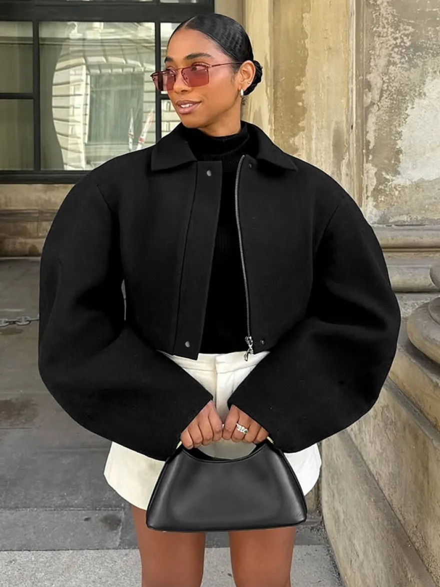 Veste courte zippée en laine mélangée à col à revers et manches chauve-souris pour femme