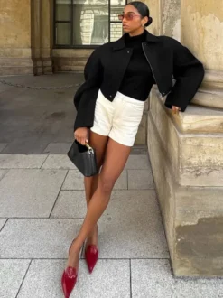 Veste courte zippée en laine mélangée à col à revers et manches chauve-souris pour femme