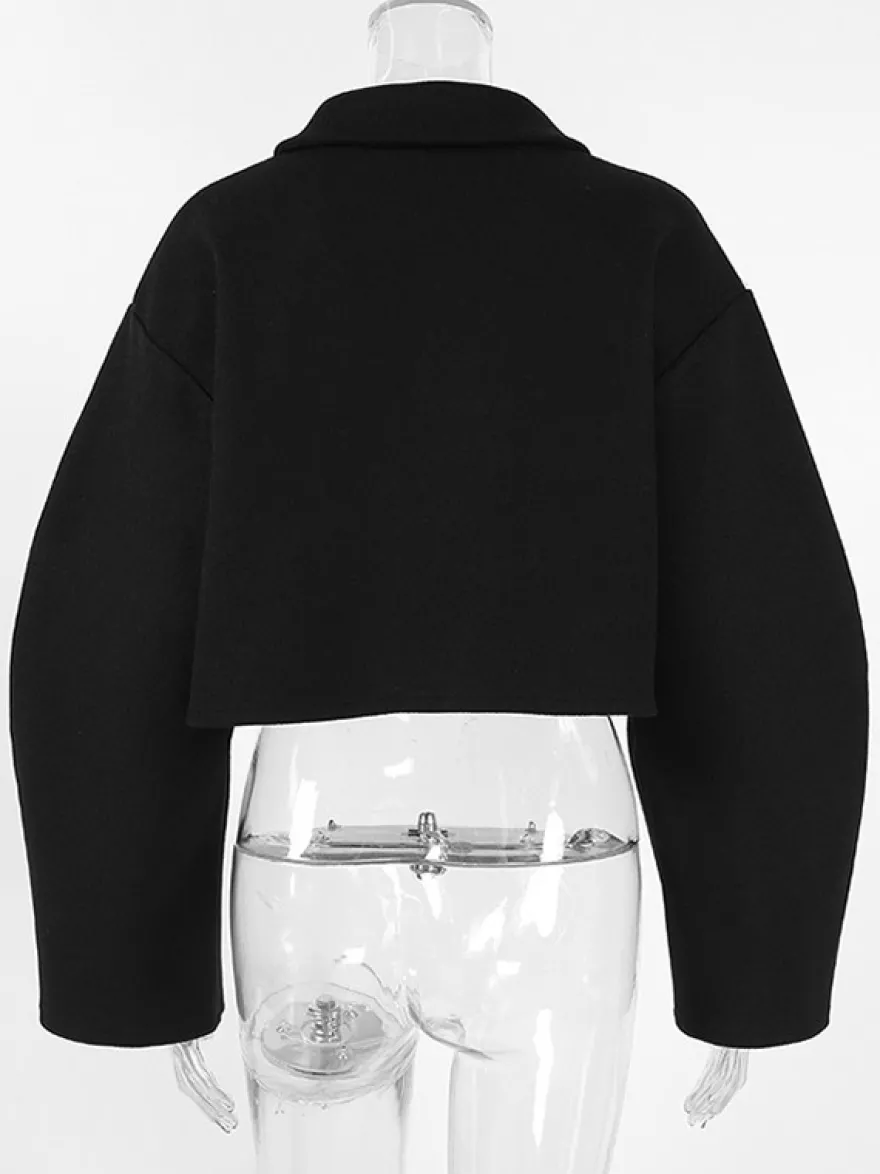 Veste courte zippée en laine mélangée à col à revers et manches chauve-souris pour femme