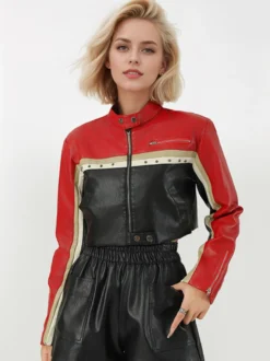 Veste de motard courte color block col montant fermeture éclair sur le devant rayures contrastées manteau en similicuir