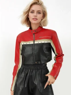 Veste de motard courte color block col montant fermeture éclair sur le devant rayures contrastées manteau en similicuir