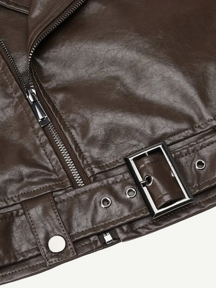 Veste de motard courte en cuir marron fermeture éclair à revers et ceinture coupe ajustée.