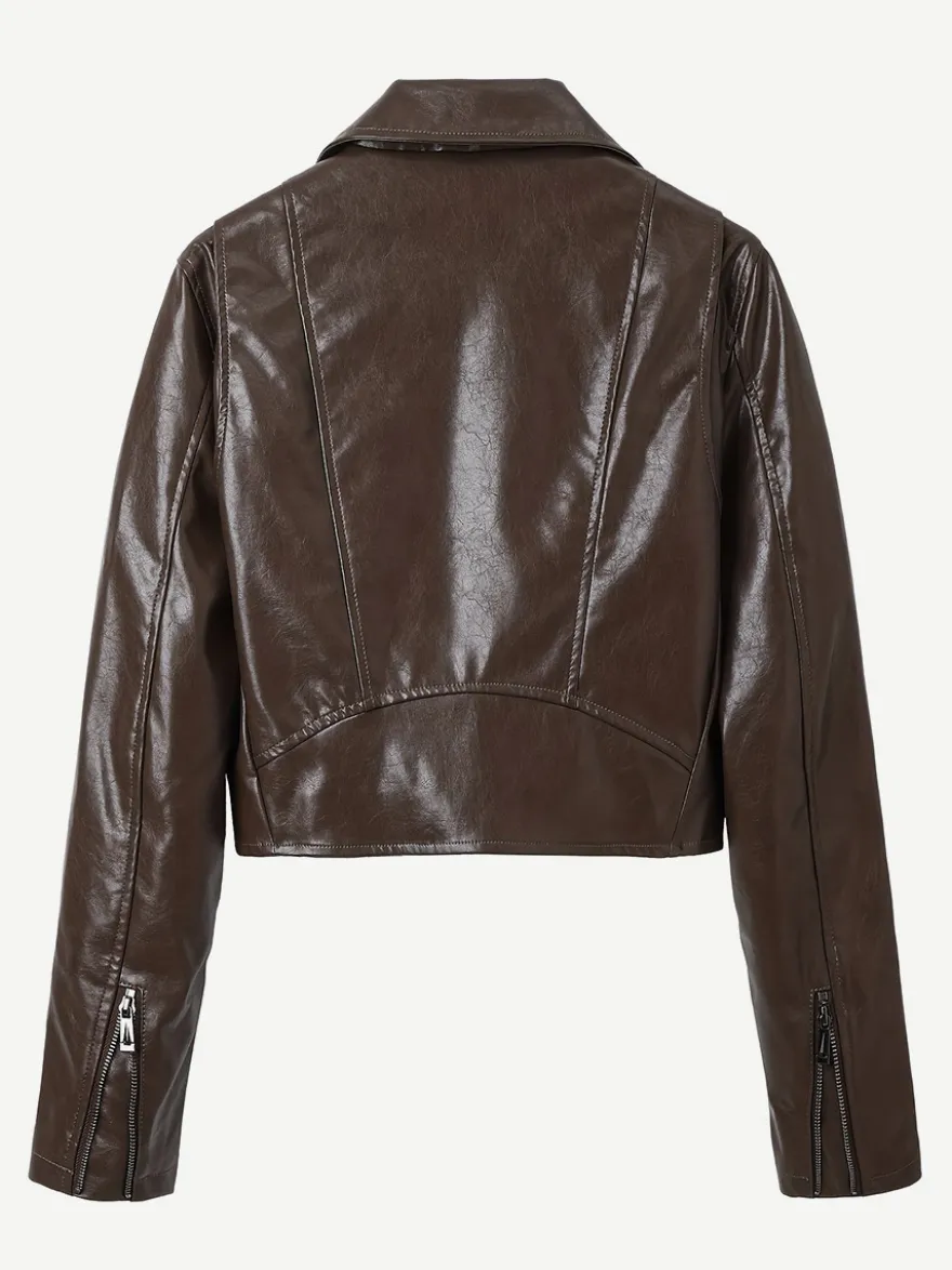 Veste de motard courte en cuir marron fermeture éclair à revers et ceinture coupe ajustée.