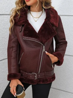 Veste de motarde bordeaux doublée sherpa en faux daim style oversize col en peau lainée manteau d'hiver pour femme