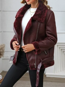 Veste de motarde bordeaux doublée sherpa en faux daim style oversize col en peau lainée manteau d'hiver pour femme