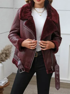 Veste de motarde bordeaux doublée sherpa en faux daim style oversize col en peau lainée manteau d'hiver pour femme