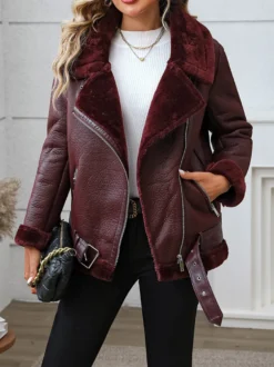 Veste de motarde bordeaux doublée sherpa en faux daim style oversize col en peau lainée manteau d'hiver pour femme
