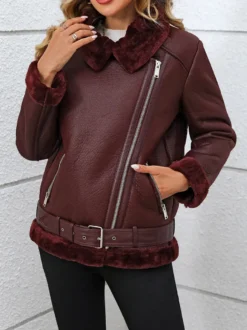 Veste de motarde bordeaux doublée sherpa en faux daim style oversize col en peau lainée manteau d'hiver pour femme