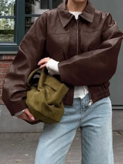 Veste de motarde femme en similicuir - Manteau moto rétro oversize à col à revers - Fermeture éclair vintage - Collection printemps 2026