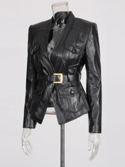Veste de moto blazer en similicuir à col en V ceinture à la taille coupe ajustée et poches à rabat