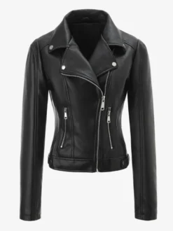 Veste de moto courte quatre couleurs col à revers fermeture éclair diagonale coupe ajustée manches longues vêtement d'extérieur