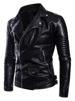 Veste de moto en cuir pour homme Veste en cuir slim asymétrique à fermeture éclair