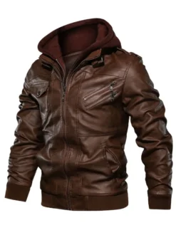 Veste de moto en cuir pour homme Veste en cuir à capuche zippée