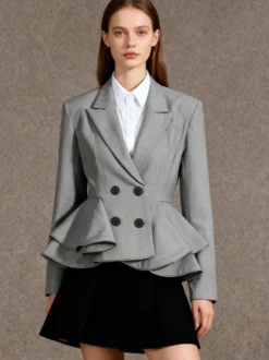 Veste de tailleur à basque croisée pour femme fermeture éclair amovible ourlet à volants et taille cintrée