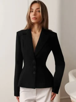 Veste de tailleur cintrée à taille péplum pour femme col cranté simple boutonnage