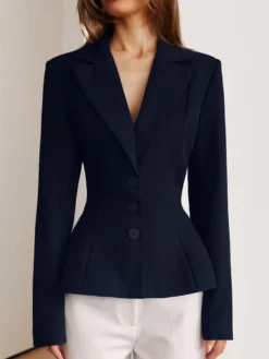 Veste de tailleur cintrée à taille péplum pour femme col cranté simple boutonnage