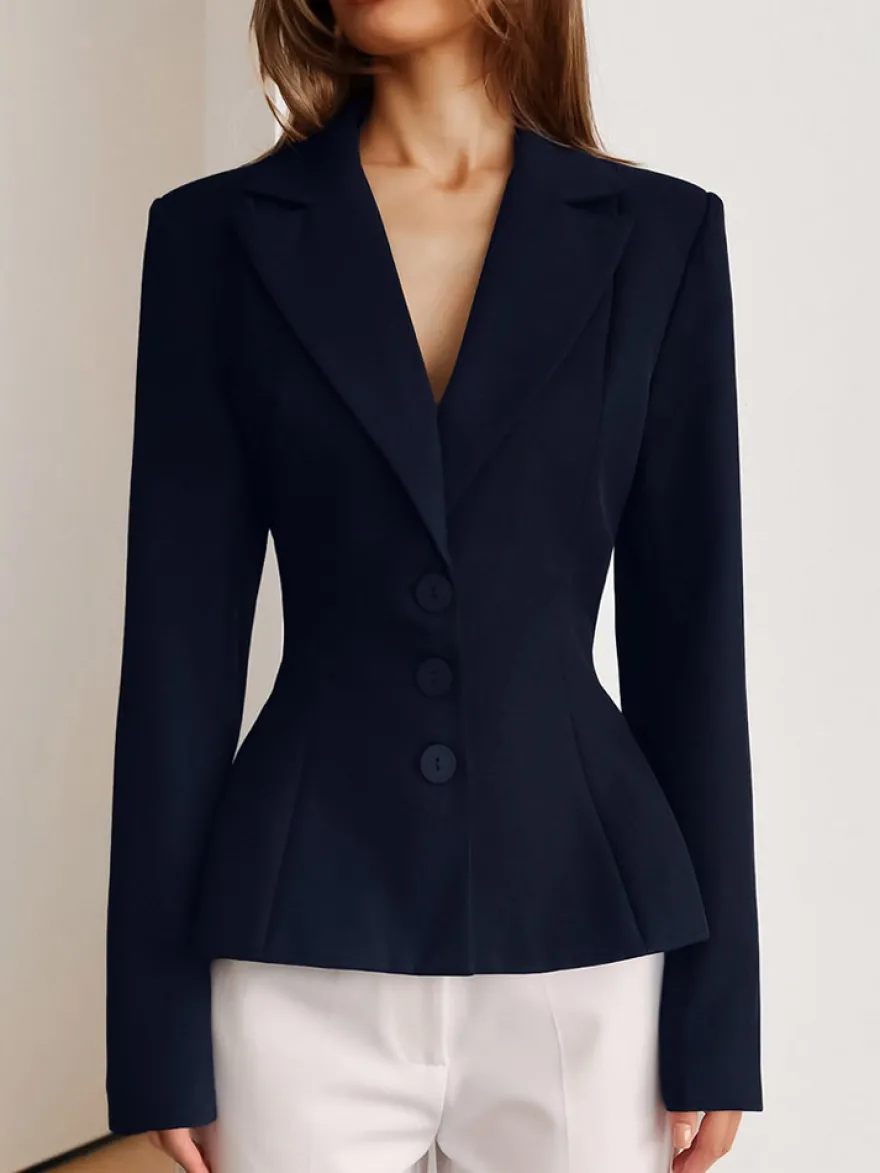 Veste de tailleur cintrée à taille péplum pour femme col cranté simple boutonnage