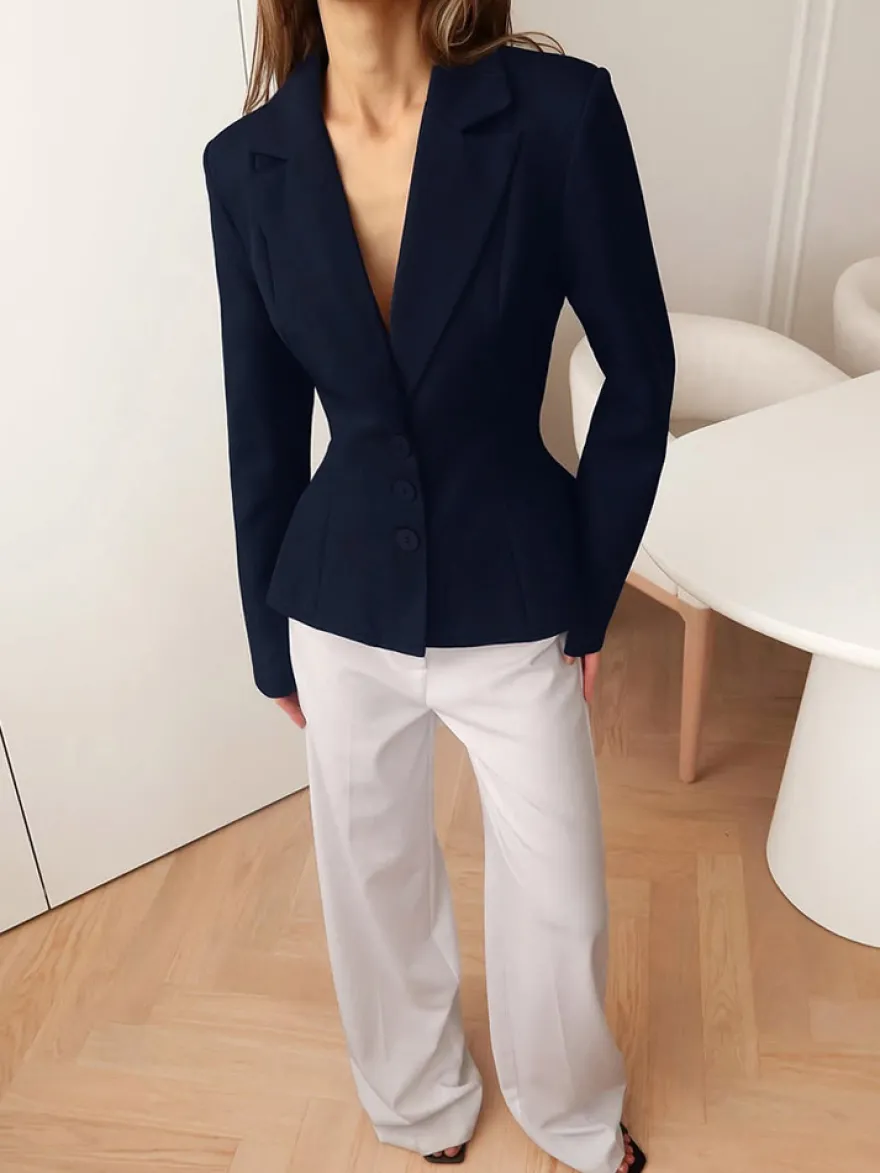 Veste de tailleur cintrée à taille péplum pour femme col cranté simple boutonnage