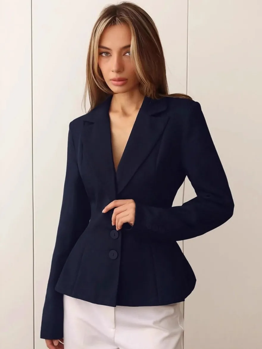 Veste de tailleur cintrée à taille péplum pour femme col cranté simple boutonnage