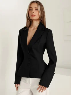 Veste de tailleur cintrée à taille péplum pour femme col cranté simple boutonnage
