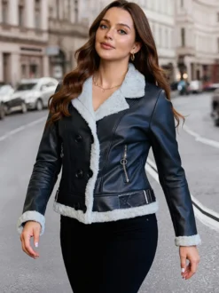 Veste en cuir doublée en fausse fourrure pour femme col à revers style motard chaude pour l'hiver