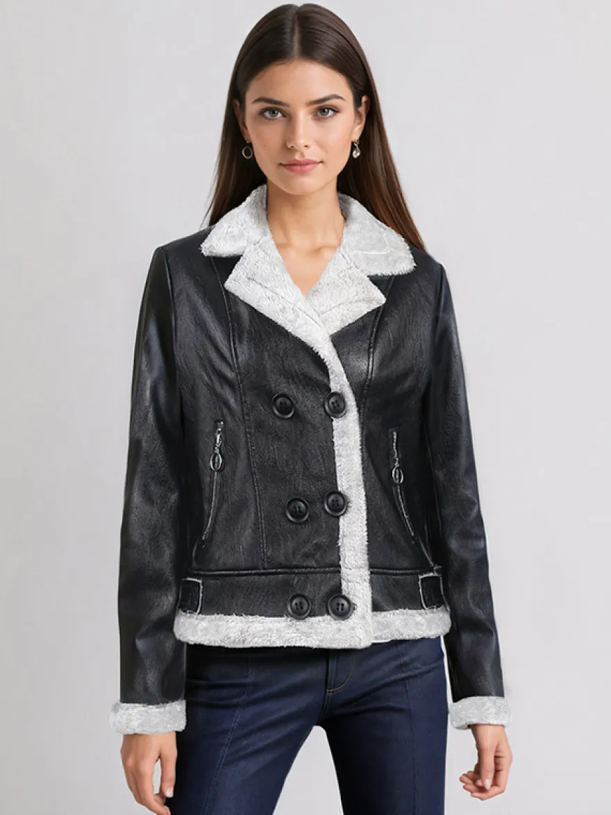 Veste en cuir doublée en fausse fourrure pour femme col à revers style motard chaude pour l'hiver