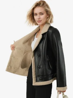 Veste en cuir doublée en fausse fourrure pour femme col à revers style motard chaude pour l'hiver