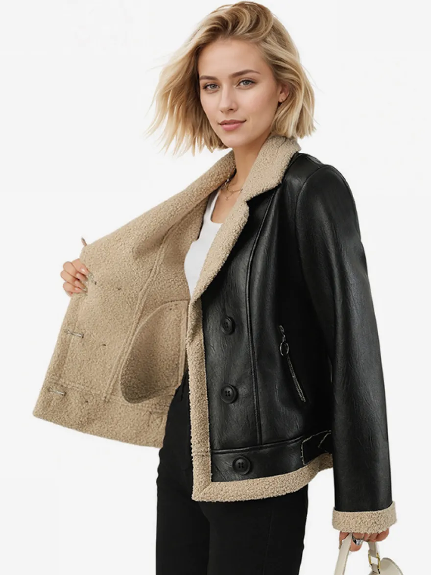 Veste en cuir doublée en fausse fourrure pour femme col à revers style motard chaude pour l'hiver