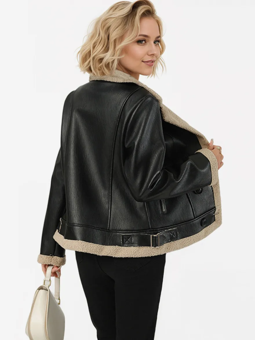 Veste en cuir doublée en fausse fourrure pour femme col à revers style motard chaude pour l'hiver