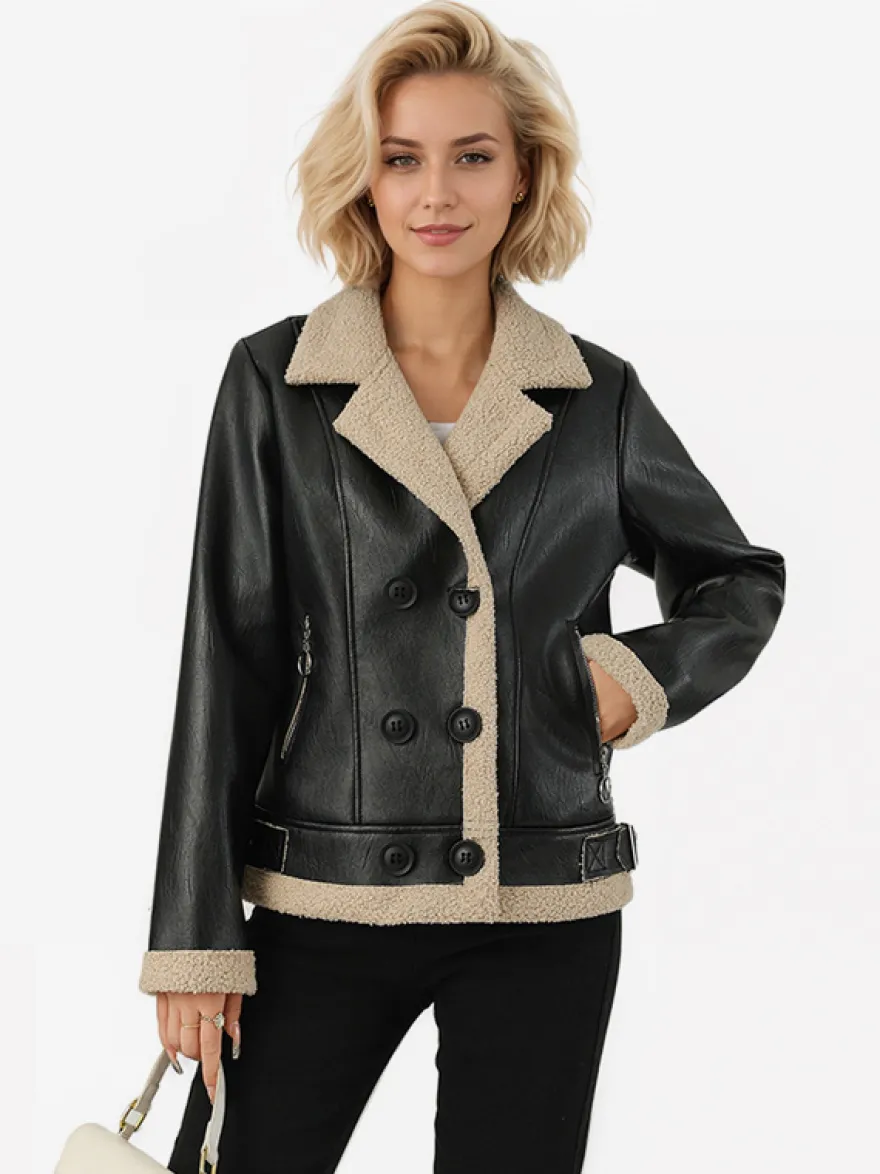 Veste en cuir doublée en fausse fourrure pour femme col à revers style motard chaude pour l'hiver