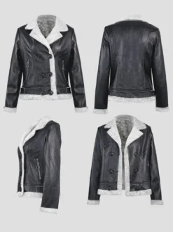 Veste en cuir doublée en fausse fourrure pour femme col à revers style motard chaude pour l'hiver